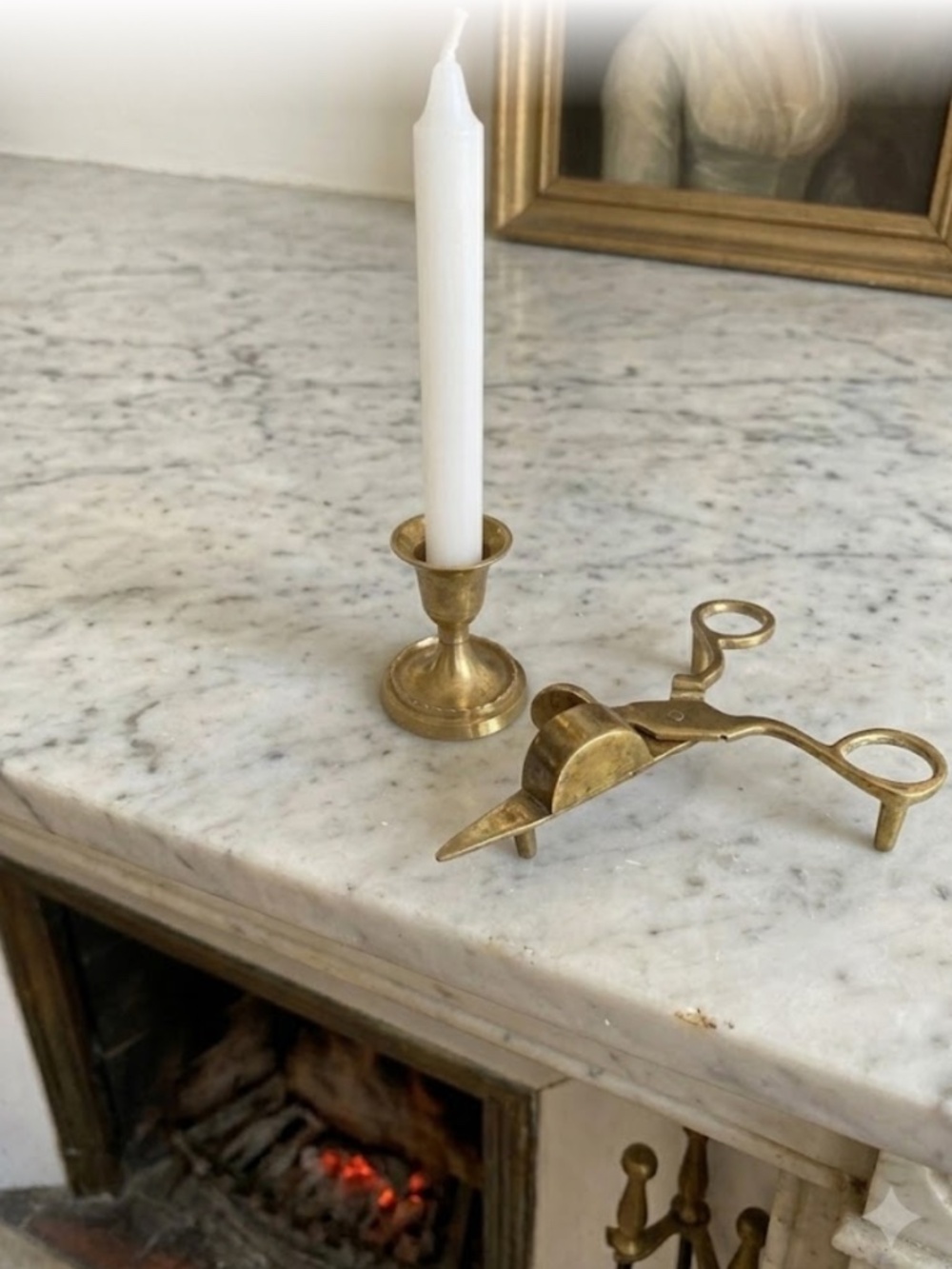 Vintage Brass Candle Care Set: Wick Trimmer Scissors & Petite Taper Candle Hold